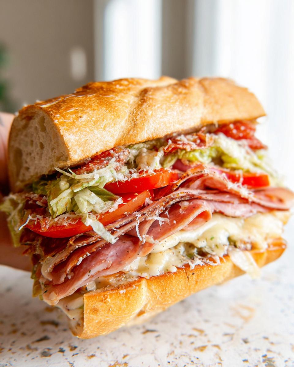 A delicious Italian Grinder Salad Sandwich overflowing with layers of deli meats, cheese, lettuce, tomatoes, and dressing.