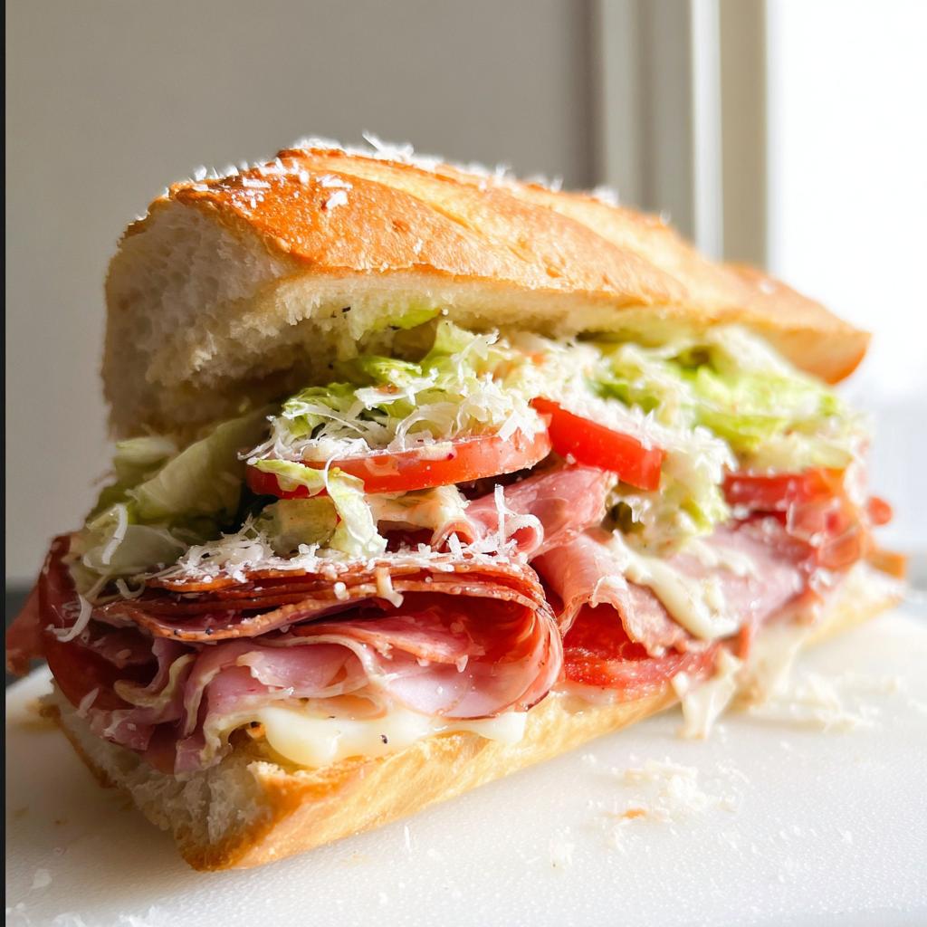 A mouthwatering Italian Grinder Salad Sandwich packed with meats, cheese, lettuce, and tomatoes.