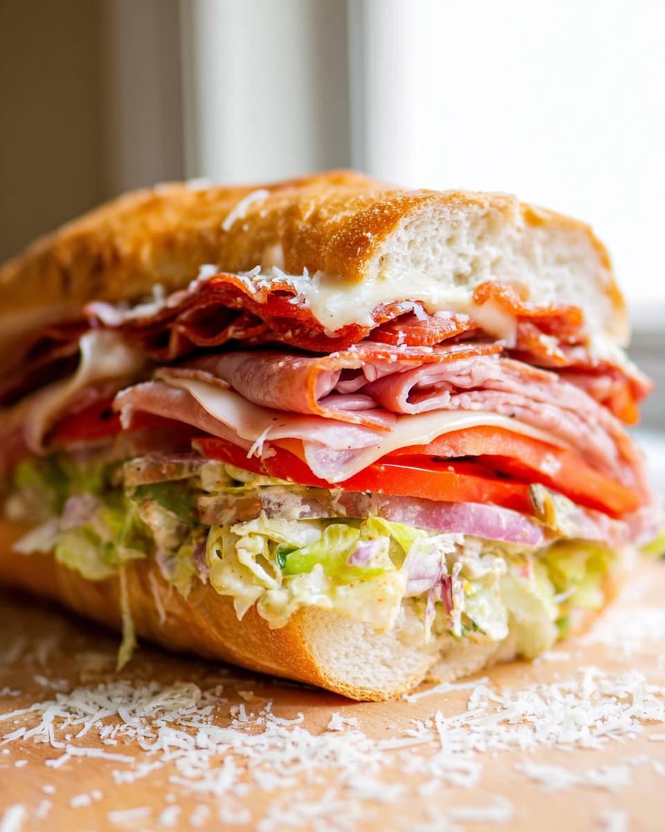 A delicious Italian Grinder Salad Sandwich overflowing with cured meats, cheese, lettuce, tomato, and onion.