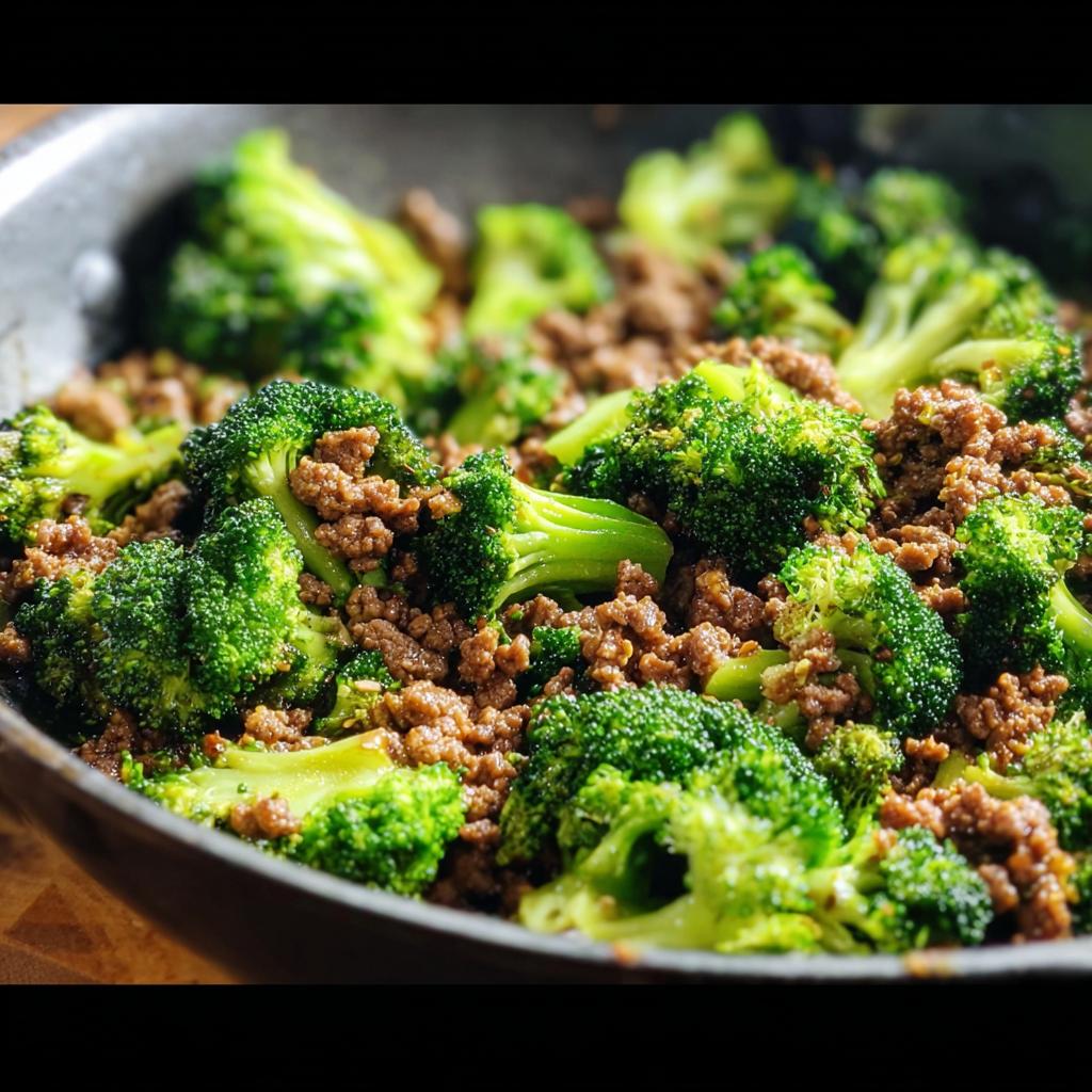 Close-up of a Keto Hamburger Broccoli Skillet in a pan, showing seasoned ground beef mixed with vibrant green broccoli florets.