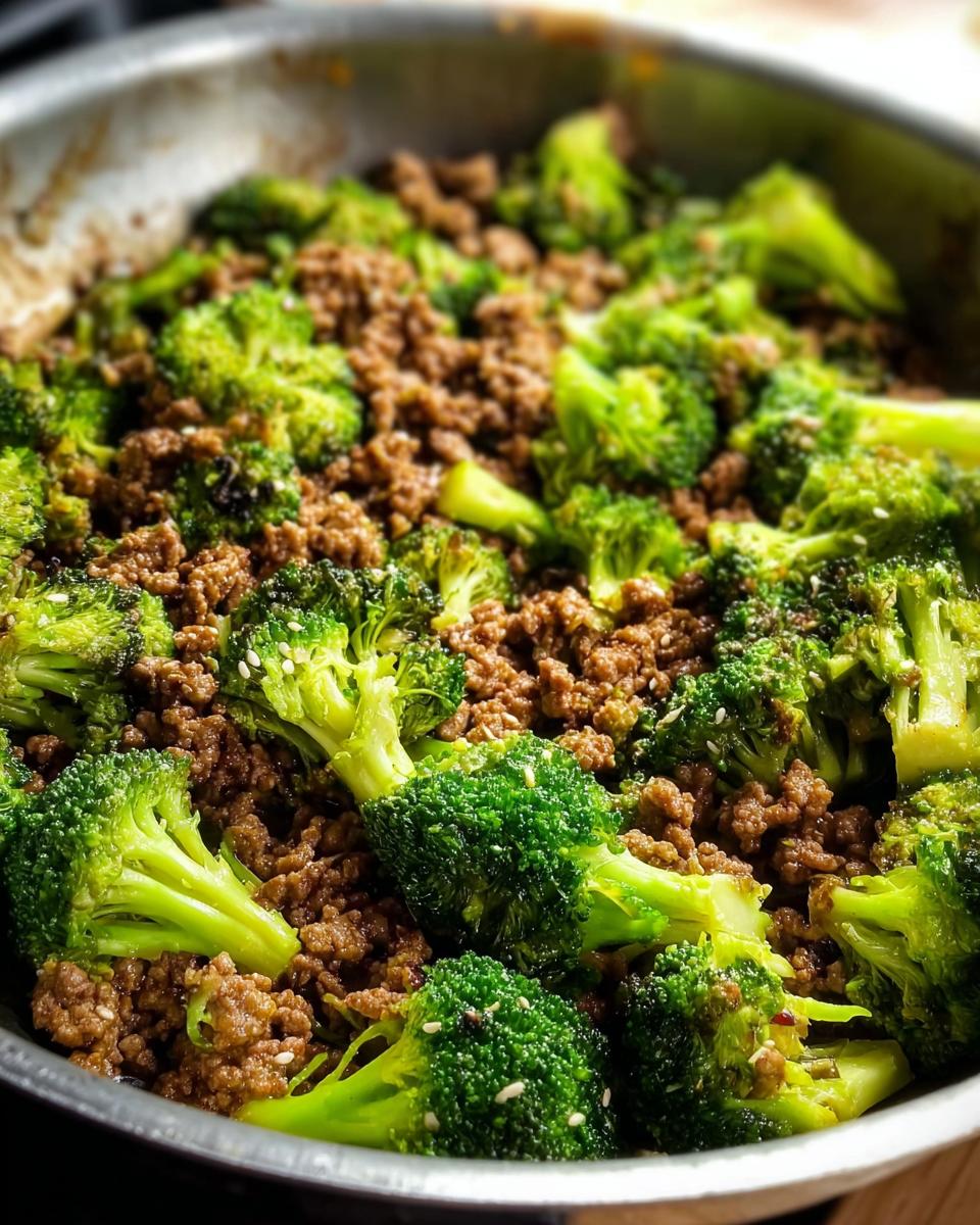 A close-up view of a Keto Hamburger Broccoli Skillet, showing seasoned ground beef mixed with vibrant green broccoli florets and sprinkled with sesame seeds.