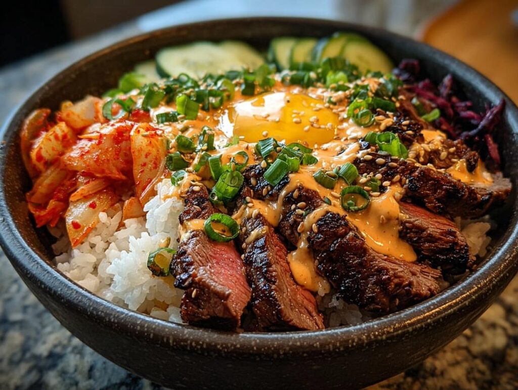 A bowl of Korean BBQ Steak Rice Bowls topped with a sunny-side-up egg, kimchi, cucumbers, and spicy cream sauce.