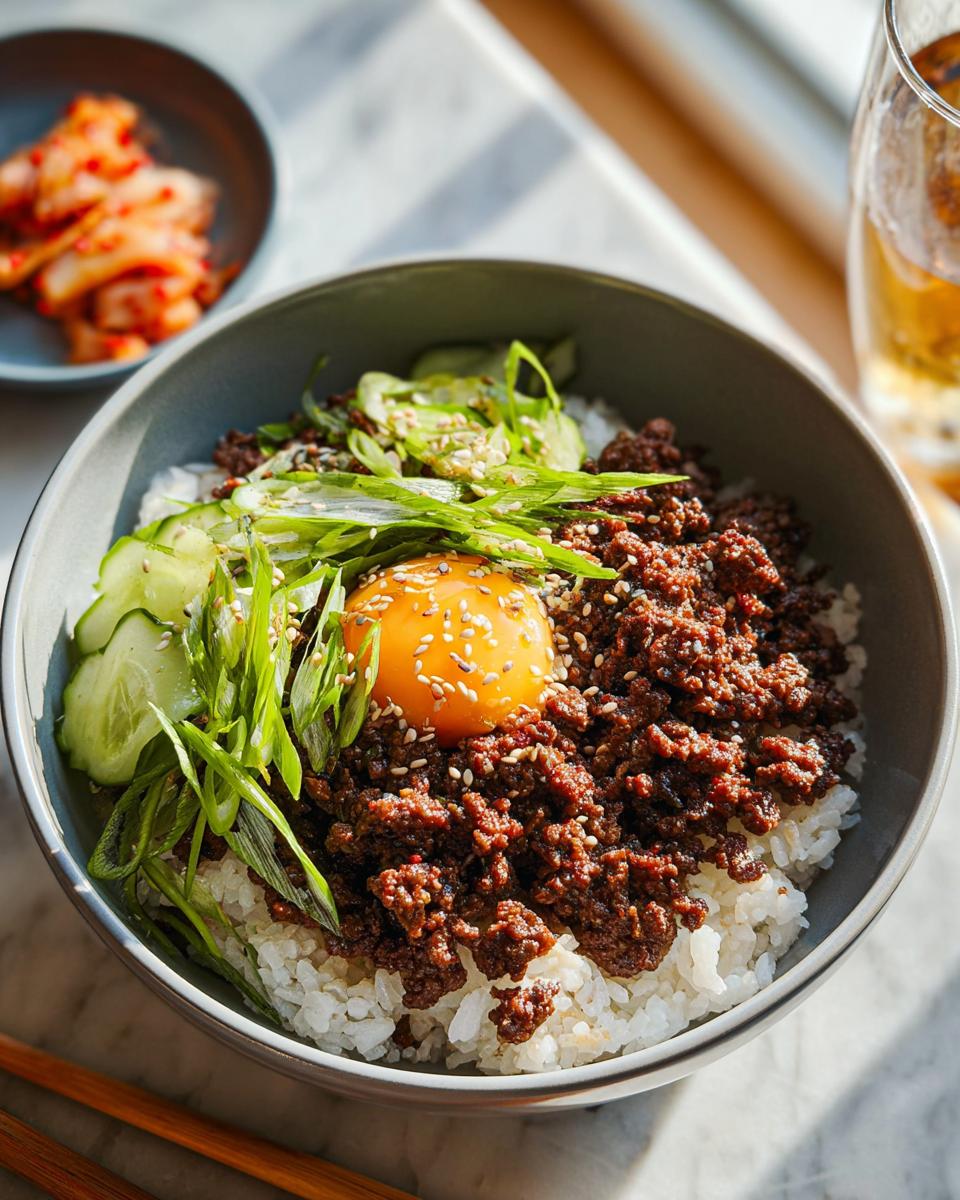 A close-up of a Korean Ground Beef Bowl topped with a raw egg yolk, sliced cucumbers, and green onions, served with kimchi on the side.