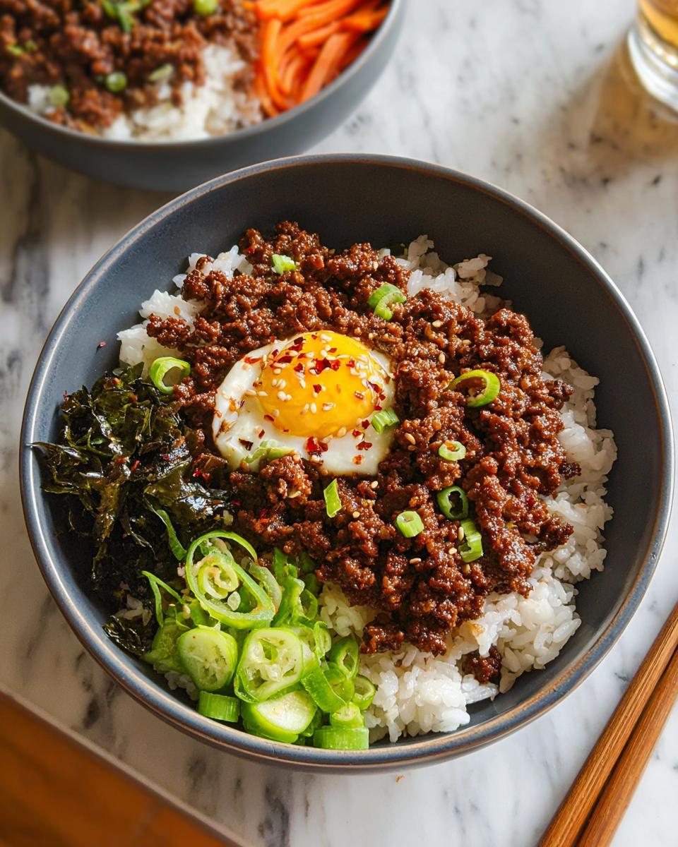 A close-up of a Korean Ground Beef Bowl topped with a fried egg, green onions, and crispy seaweed.