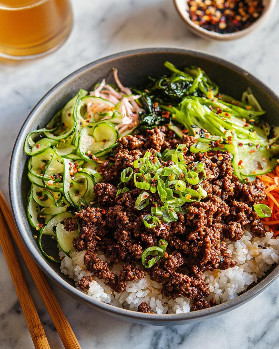 A delicious Korean Ground Beef Bowl filled with rice, seasoned ground beef, sliced cucumbers, and greens, garnished with scallions.