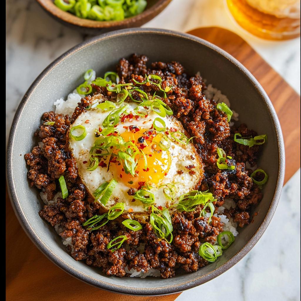 A close-up of a Korean Ground Beef Bowl topped with a sunny-side-up egg and green onions.