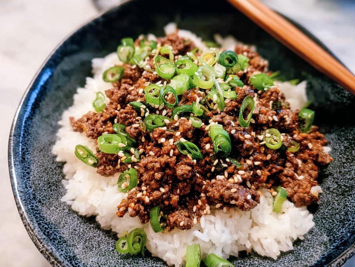 A close-up of a Korean Ground Beef Bowl, featuring seasoned ground beef over white rice, topped with chopped green onions and sesame seeds.