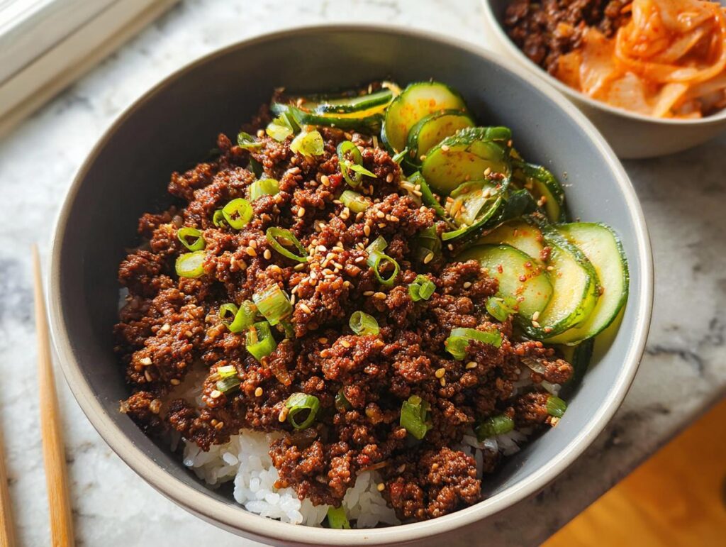A close-up of a Korean Ground Beef Bowl served over white rice, topped with sliced cucumbers and sesame seeds.