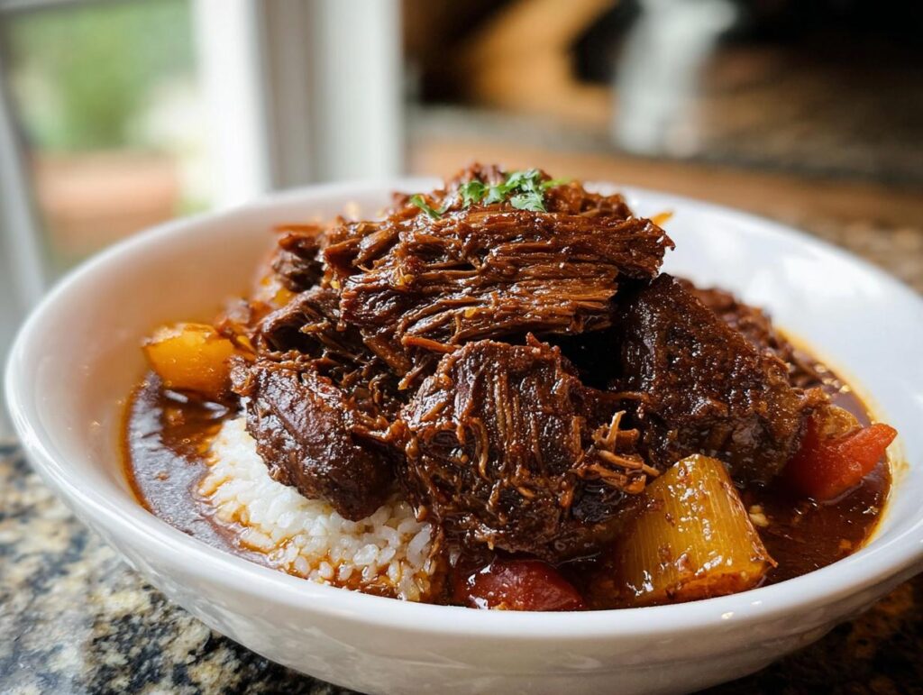A bowl of Korean Style Pot Roast served over white rice, with tender shredded beef and vegetables in a rich sauce.