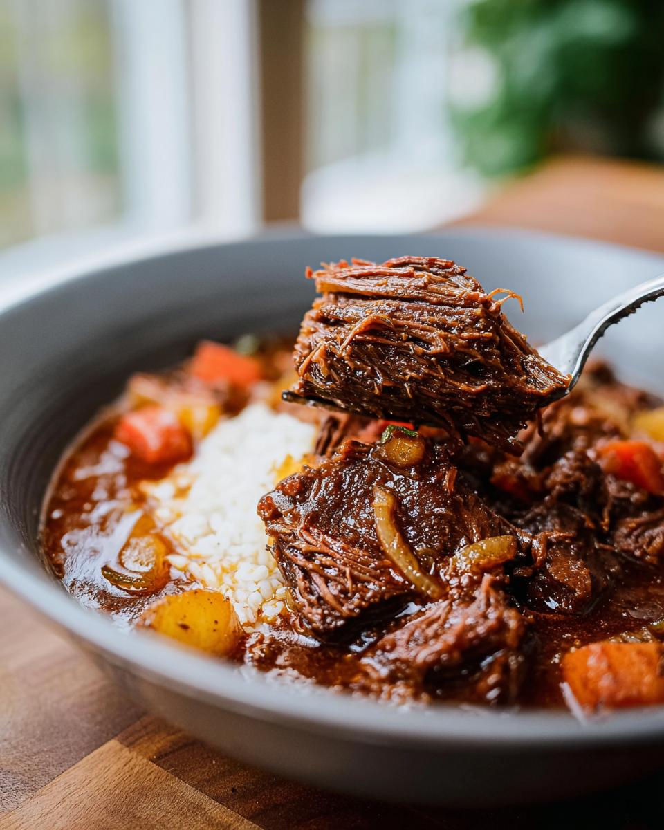 A fork lifts a piece of incredibly tender Korean Style Pot Roast from a bowl of rice and vegetables.