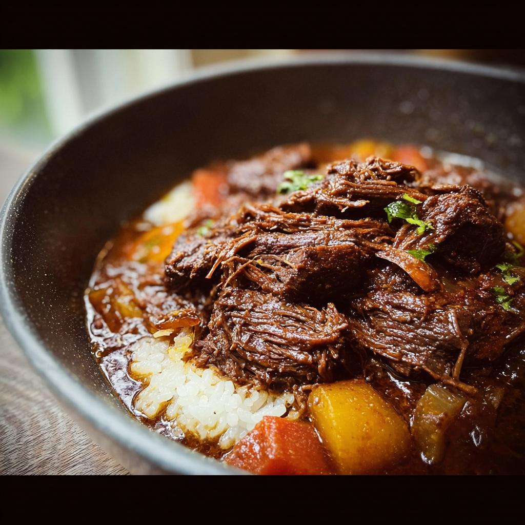 A close-up of a bowl filled with fluffy white rice topped with shredded Korean Style Pot Roast and chunks of vegetables.