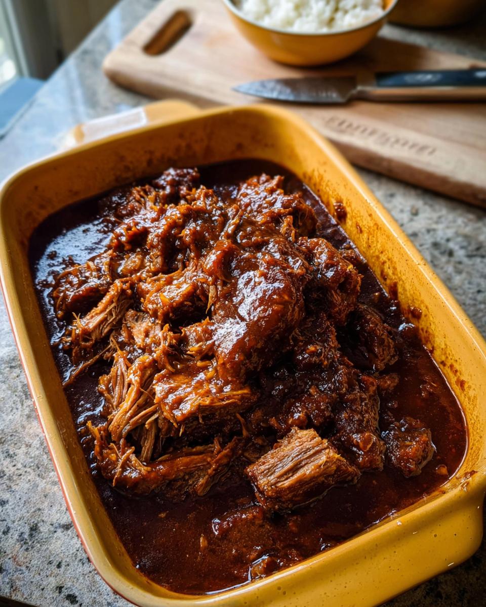 Close-up of shredded Korean Style Pot Roast in a rich, dark sauce in a yellow baking dish.