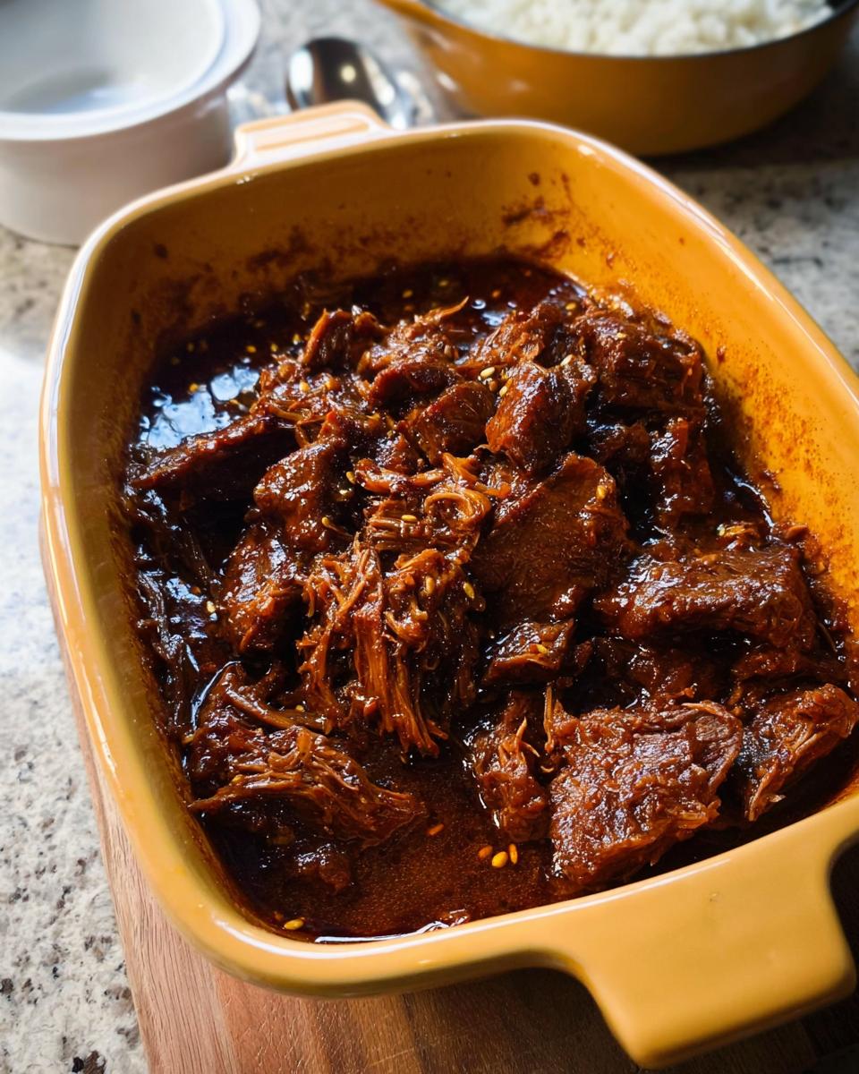 Close-up of a rich, dark sauce covering tender shredded and cubed Korean Style Pot Roast in a yellow dish.