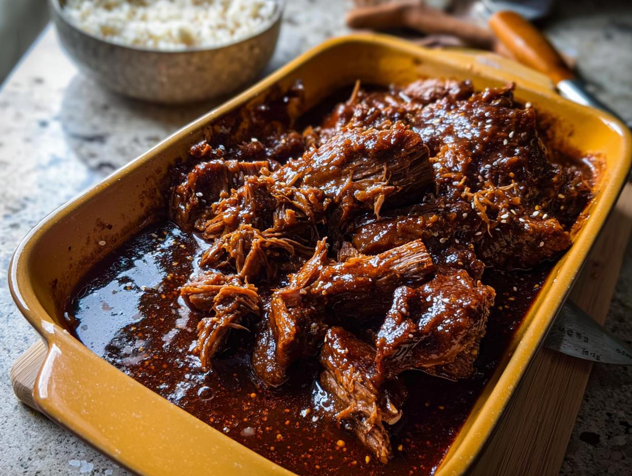 A close-up of tender Korean Style Pot Roast in a glossy, dark sauce, sprinkled with sesame seeds.