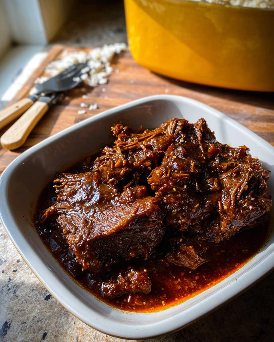 Close-up of tender Korean Style Pot Roast in a bowl, coated in a rich, dark sauce with sesame seeds.