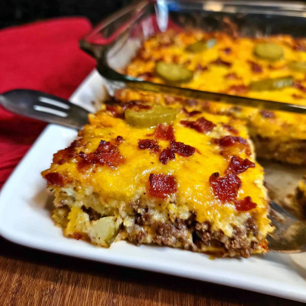 A hearty slice of Low-Carb Bacon Cheeseburger Casserole topped with melted cheese, bacon bits, and pickles.