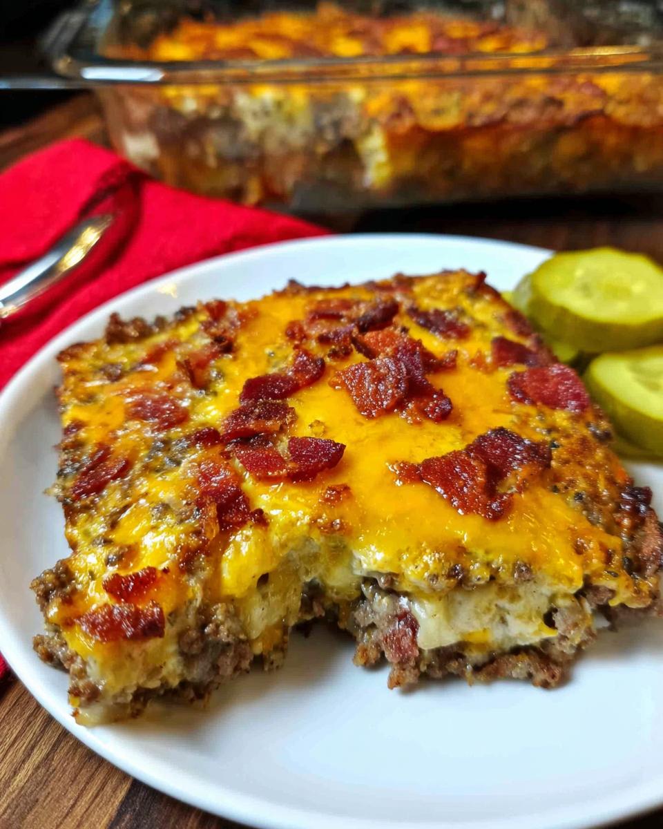 A delicious slice of Low-Carb Bacon Cheeseburger Casserole topped with melted cheese and bacon bits, served with pickles.