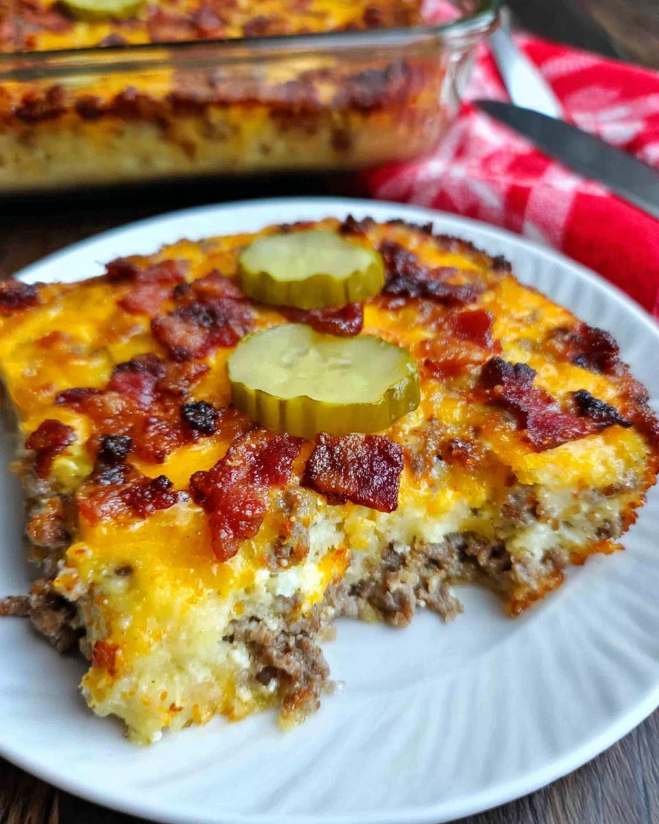 A delicious slice of Low-Carb Bacon Cheeseburger Casserole topped with pickles.