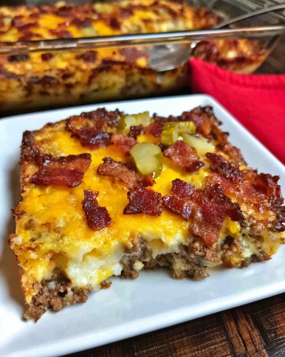 A slice of Low-Carb Bacon Cheeseburger Casserole topped with melted cheese, crispy bacon, and pickles.