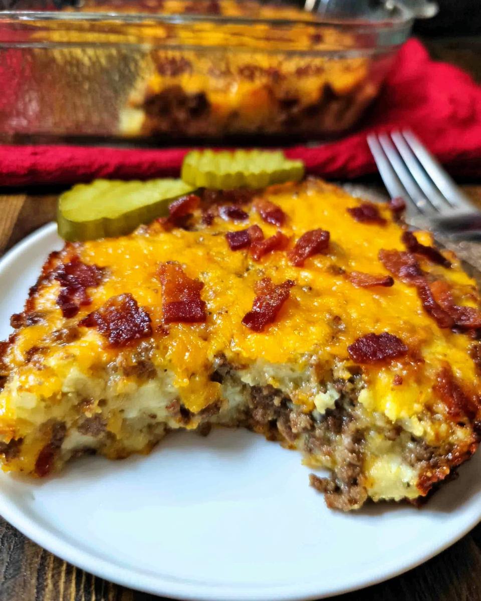 A slice of Low-Carb Bacon Cheeseburger Casserole on a white plate, topped with melted cheese and bacon bits.