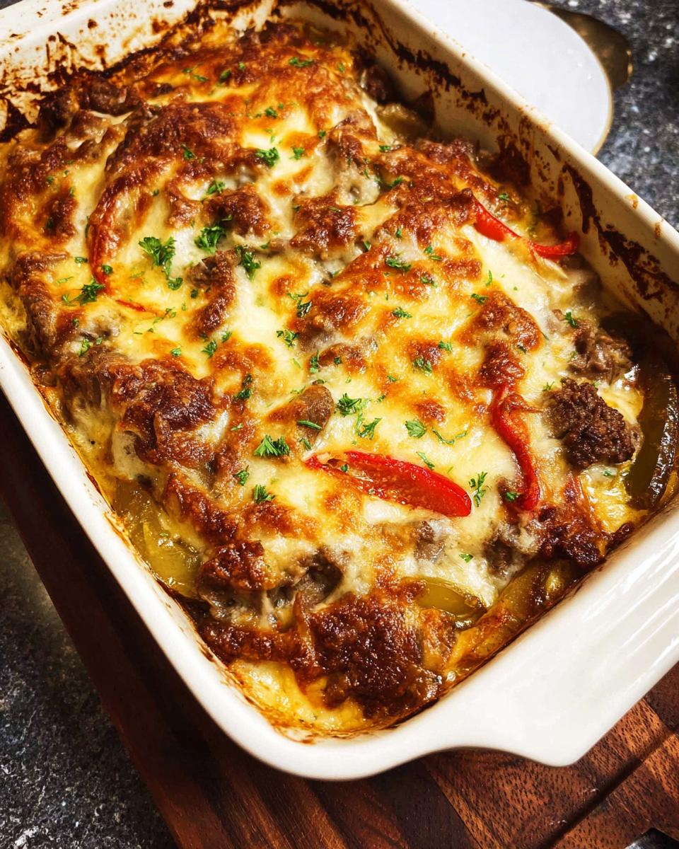 A golden-brown, bubbly Low Carb Philly Cheesesteak Casserole topped with melted cheese and parsley, served in a white baking dish.