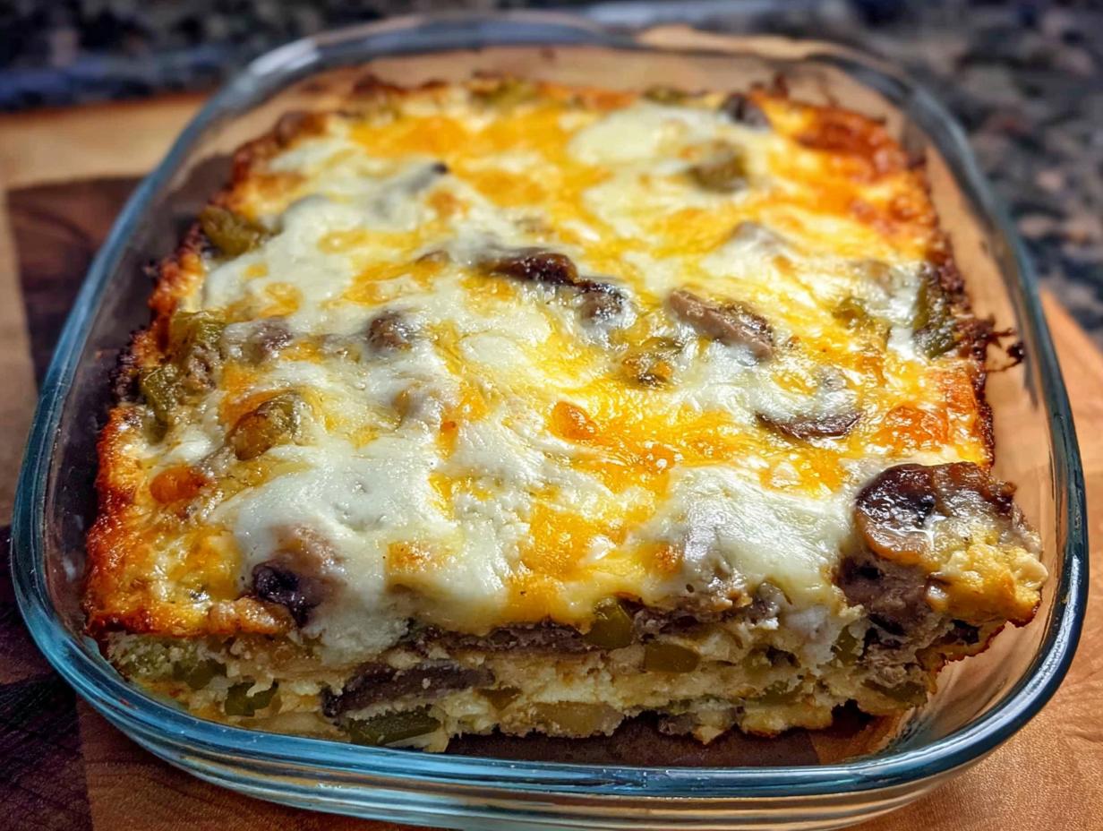 A freshly baked Low Carb Philly Cheesesteak Casserole in a glass dish, topped with melted cheese, peppers, and mushrooms.