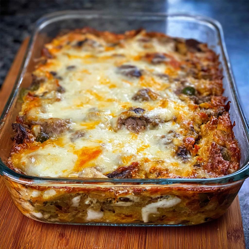 A freshly baked Low Carb Philly Cheesesteak Casserole in a glass baking dish, topped with melted cheese and savory ingredients.