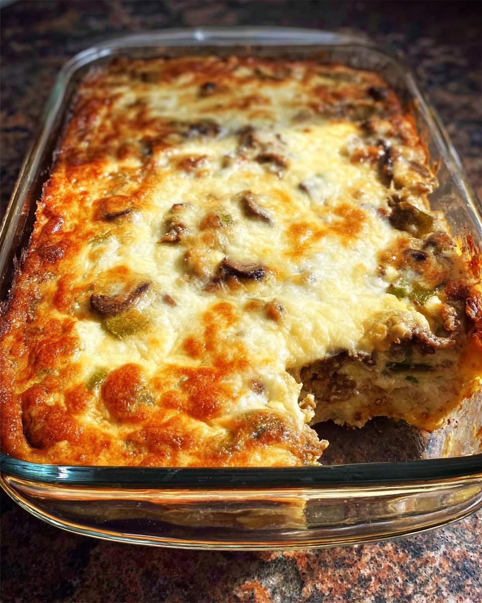 A golden-brown, bubbly Low Carb Philly Cheesesteak Casserole baked in a glass dish with a slice removed.