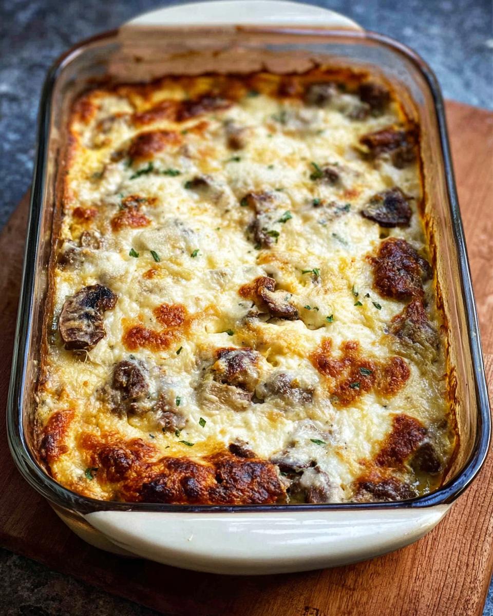 A golden brown, bubbling Low Carb Philly Cheesesteak Casserole baked in a glass dish, topped with melted cheese and herbs.