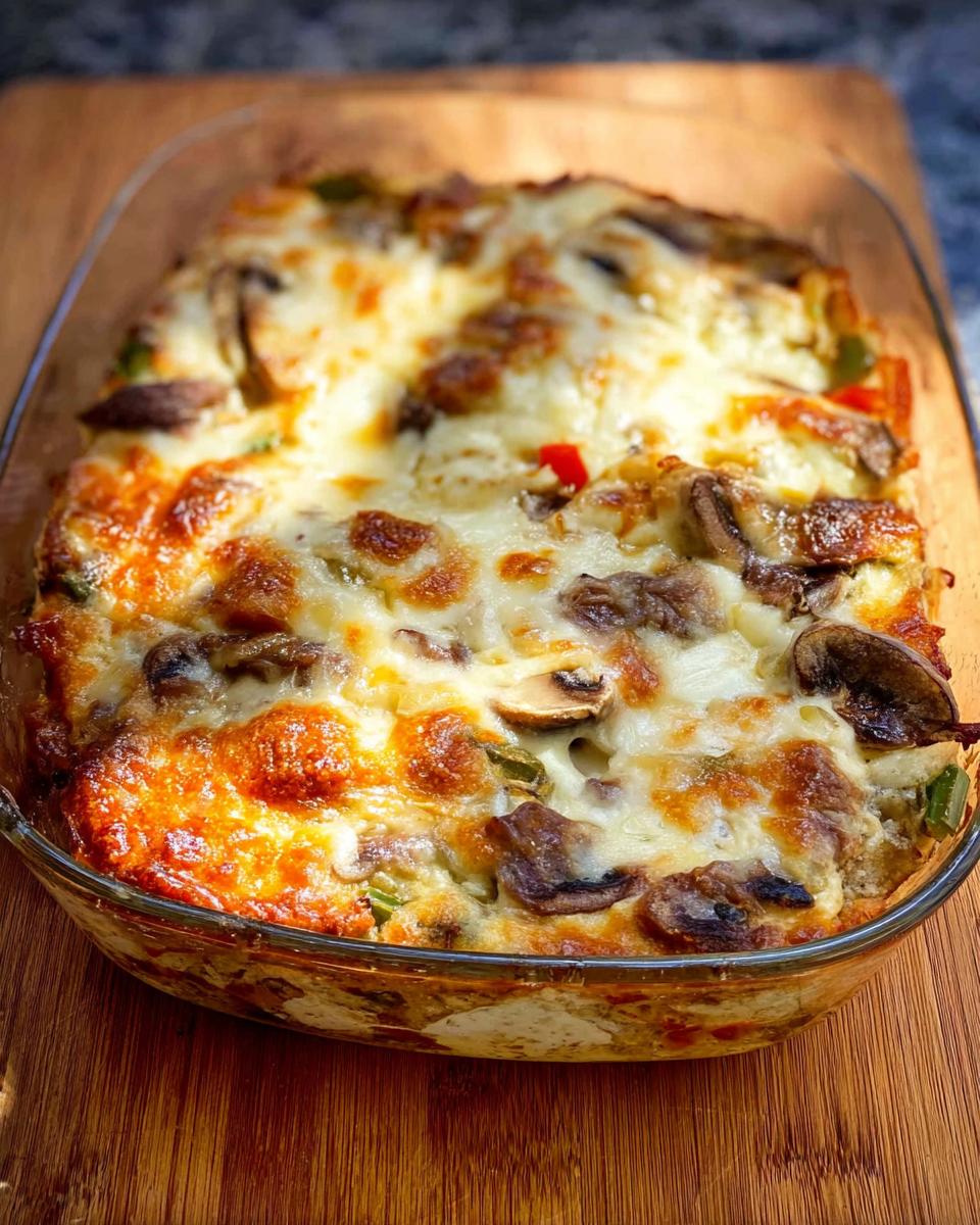 A golden-brown baked Low Carb Philly Cheesesteak Casserole in a glass dish, topped with melted cheese and mushrooms.