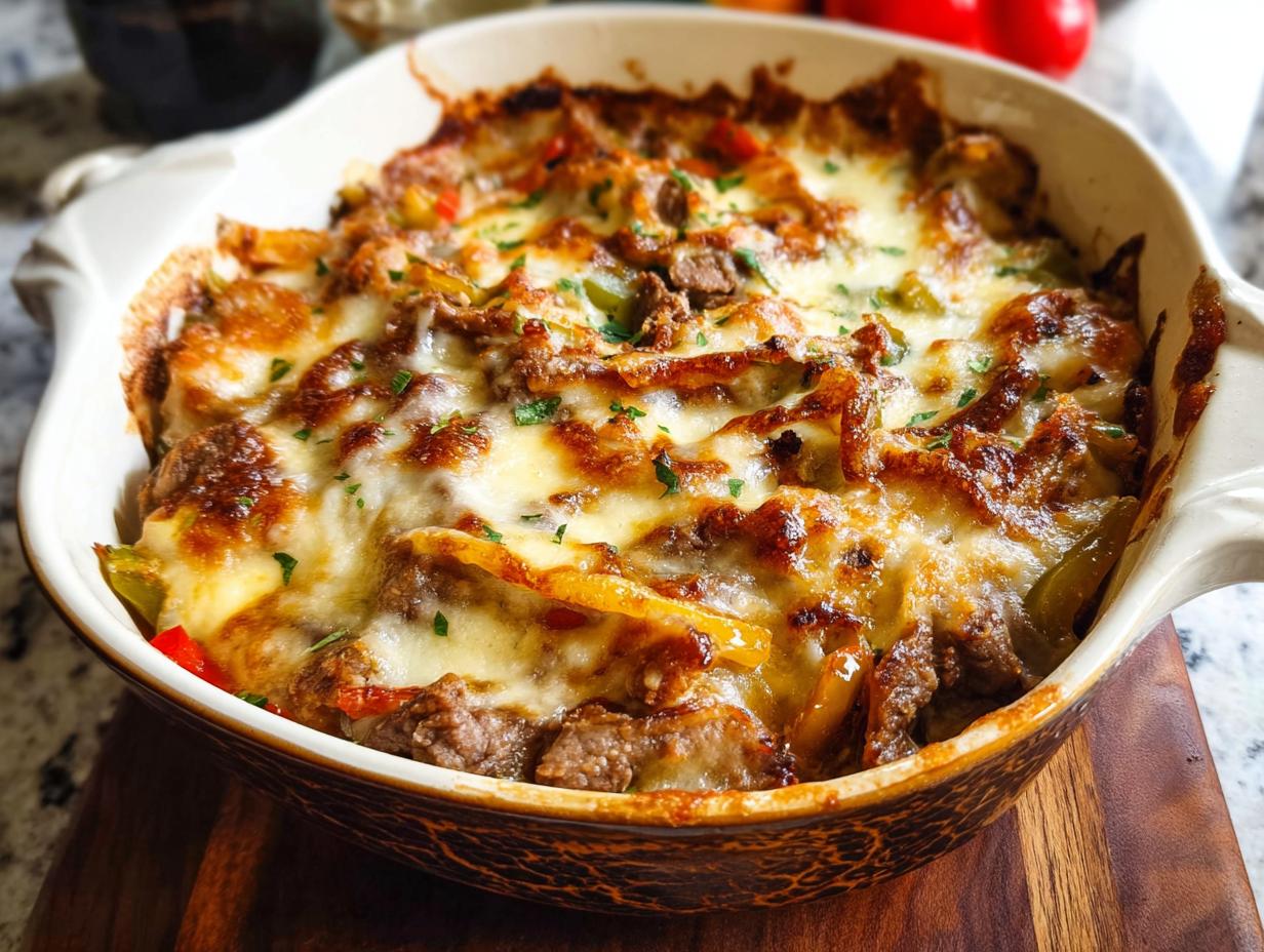 A baked Low Carb Philly Cheesesteak Casserole in a baking dish, topped with melted cheese and parsley.