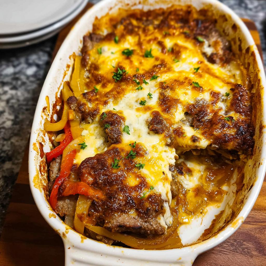 A serving dish filled with Low Carb Philly Cheesesteak Casserole, featuring melted cheese, steak, and bell peppers.
