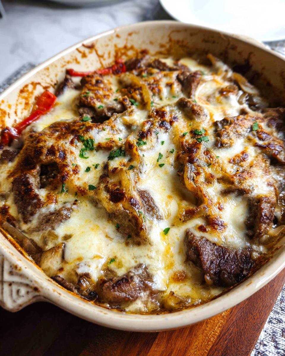 Close-up of a bubbly Low Carb Philly Cheesesteak Casserole in a baking dish, topped with melted cheese and parsley.