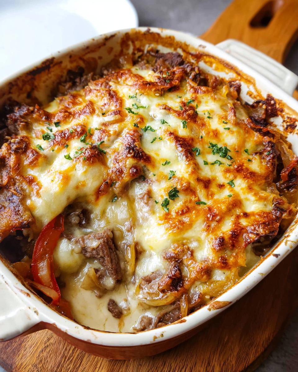 A close-up of a bubbling Low Carb Philly Cheesesteak Casserole topped with melted cheese and parsley.