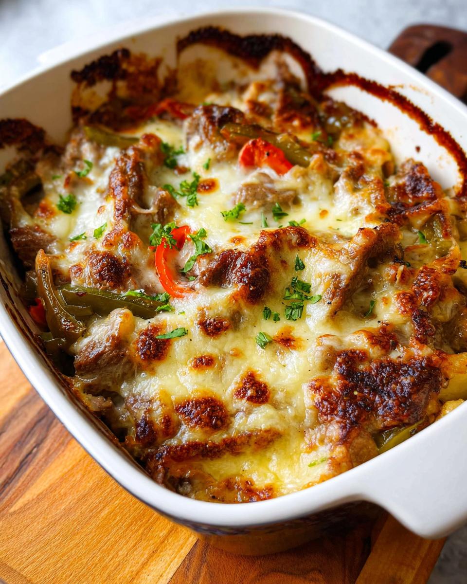 Close-up of a bubbling Low Carb Philly Cheesesteak Casserole topped with melted cheese and parsley.