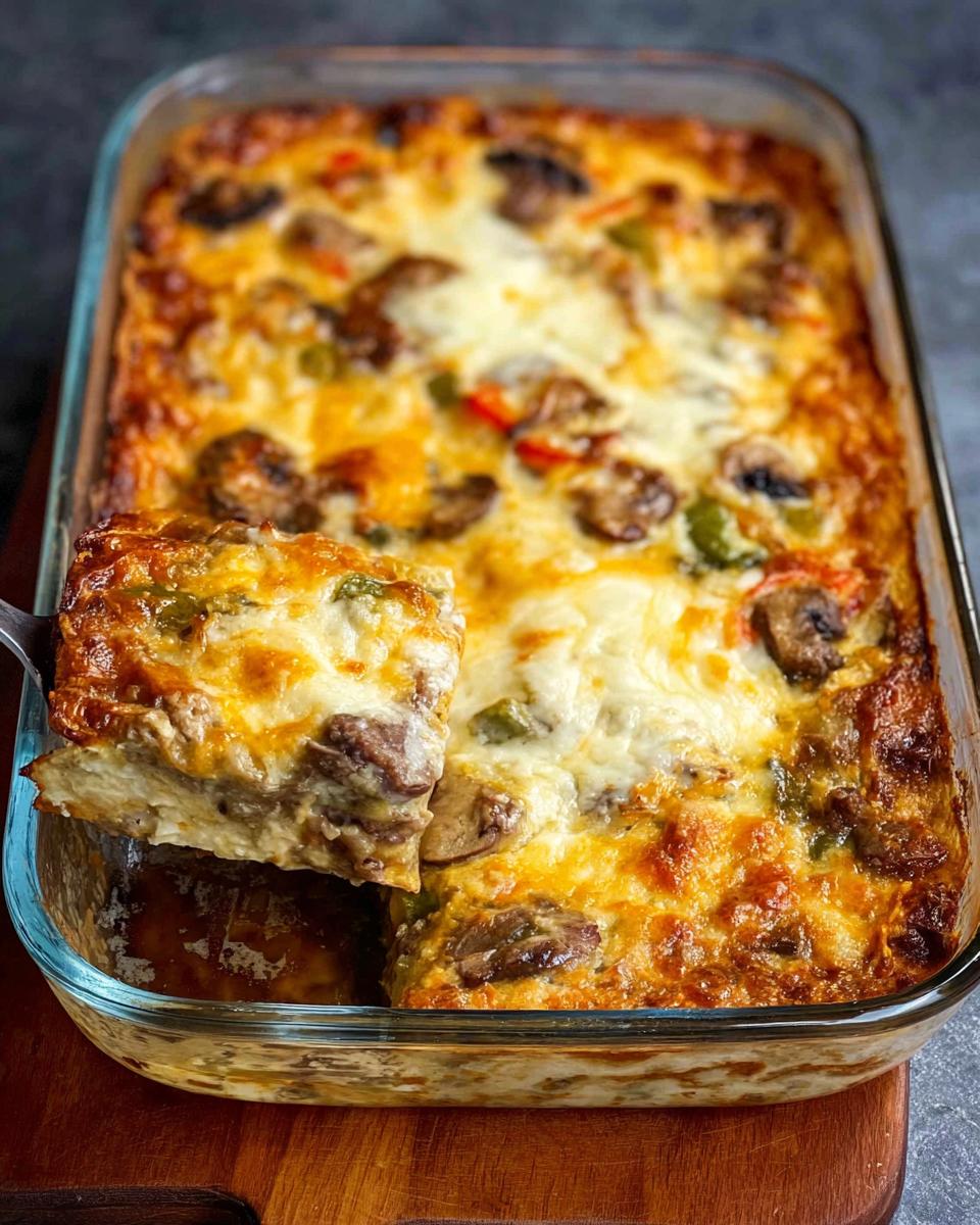 A slice of Low Carb Philly Cheesesteak Casserole being lifted from a baking dish, showing layers of meat, cheese, and vegetables.