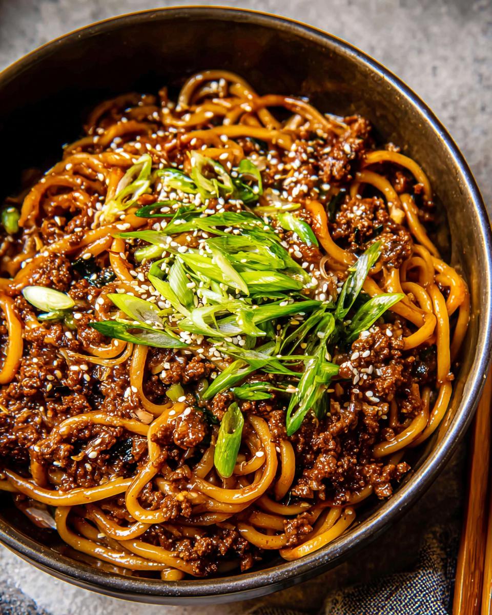 A close-up of a bowl of Mongolian Ground Beef Noodles, garnished with sesame seeds and green onions.