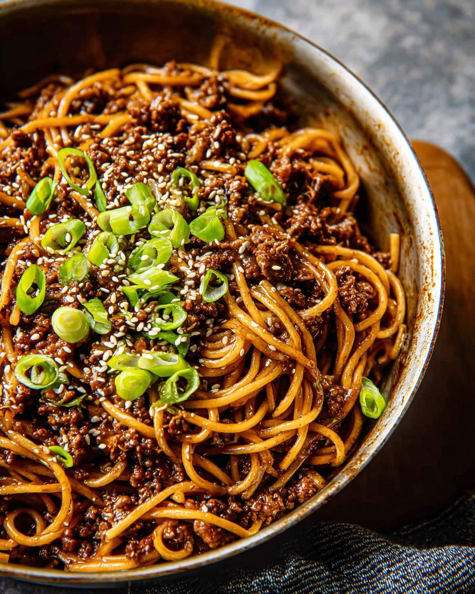 Close-up of a bowl of Mongolian Ground Beef Noodles, topped with green onions and sesame seeds.