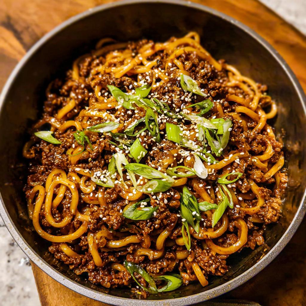 A close-up of a bowl filled with Mongolian Ground Beef Noodles, garnished with sesame seeds and green onions.
