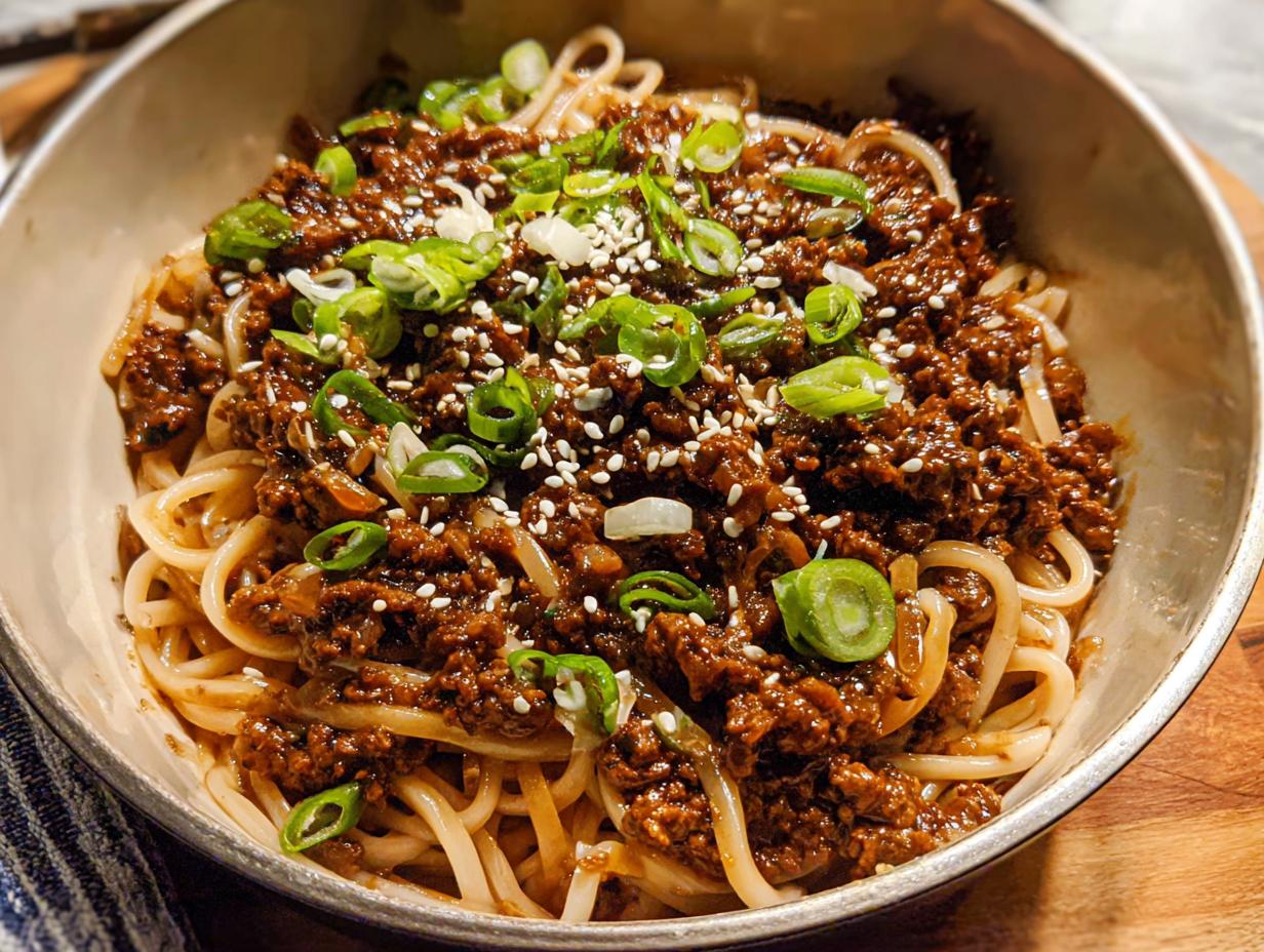 A close-up of a bowl of Mongolian Ground Beef Noodles, topped with green onions and sesame seeds.