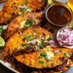 A plate of delicious My Fave Birria Tacos, served with a side of consommé, chopped red onions, and lime wedges.