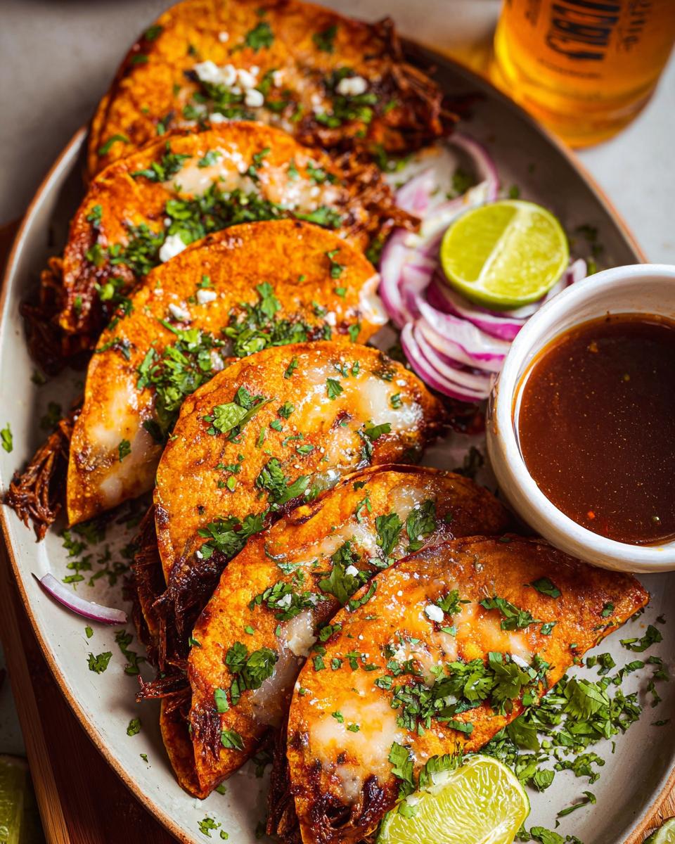 A plate of delicious My Fave Birria Tacos, garnished with cilantro and cheese, served with a side of consommé and lime wedges.