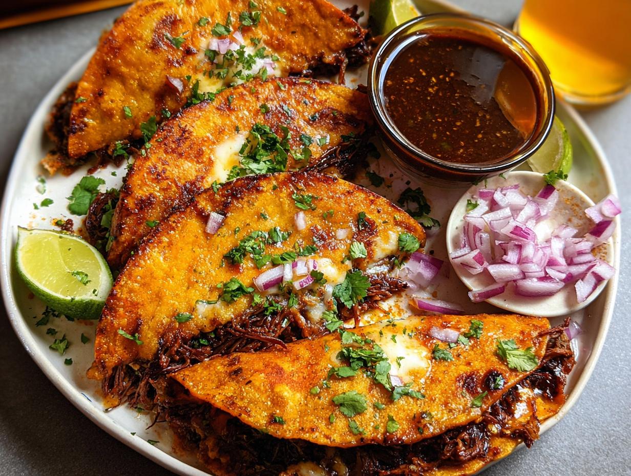 A plate of delicious My Fave Birria Tacos, served with a side of consommé, chopped red onions, and lime wedges.