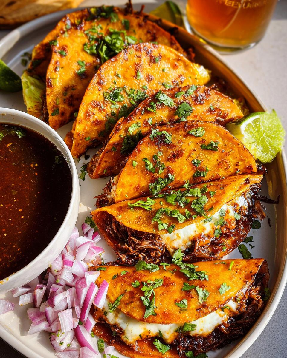 A platter of crispy, golden My Fave Birria Tacos filled with tender shredded beef and melted cheese, served with consommé and chopped onions.