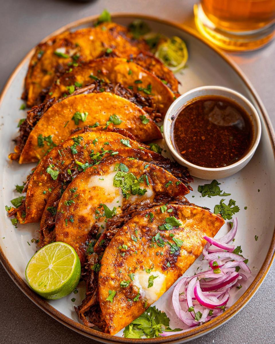 A platter of delicious My Fave Birria Tacos, served with a side of consommé, lime wedges, and red onion.