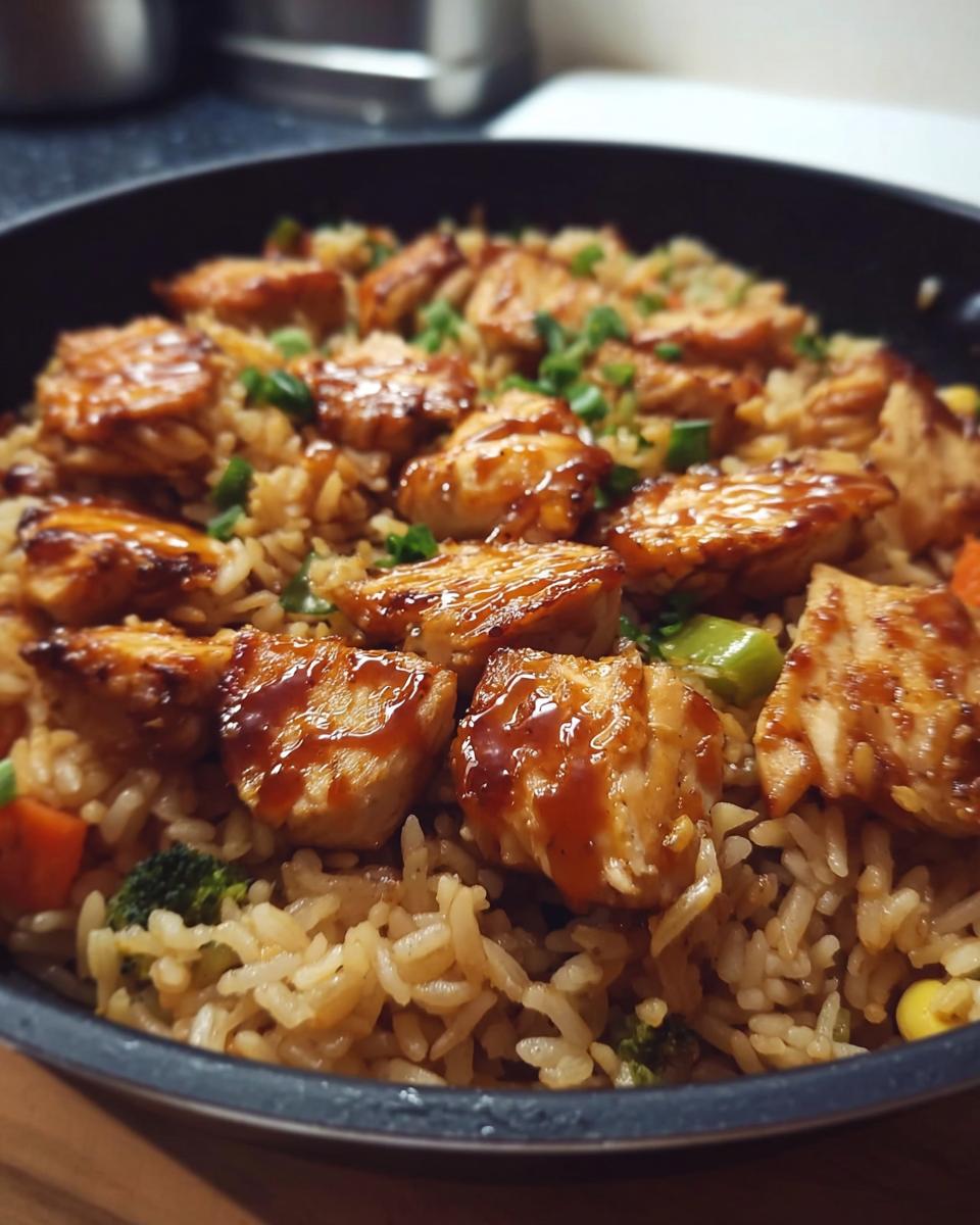 A close-up view of a one-pan honey BBQ chicken rice dish, featuring tender chicken pieces glazed with BBQ sauce and mixed with rice and vegetables.