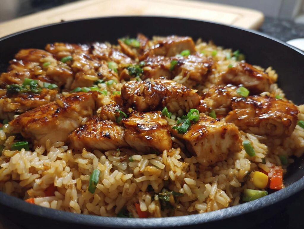 A close-up of a one-pan honey BBQ chicken rice dish, featuring glazed chicken pieces over seasoned rice with vegetables.