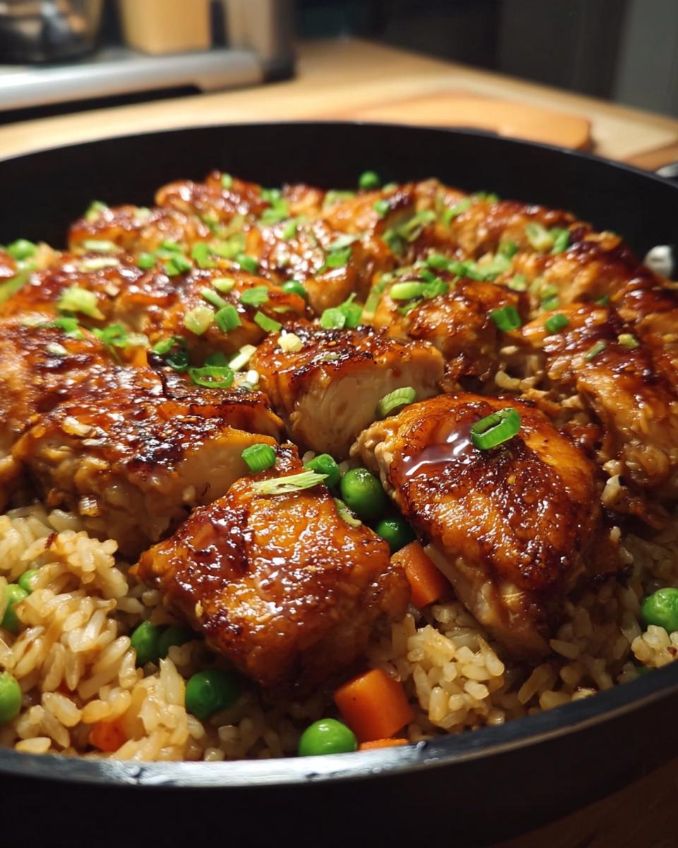 A close-up of One-Pan Honey BBQ Chicken Rice, featuring glazed chicken pieces over rice with peas and carrots.