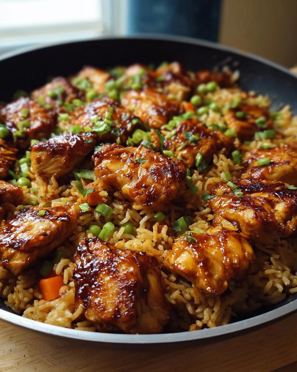 Close-up of a one-pan honey BBQ chicken rice dish in a skillet, topped with chopped green onions.