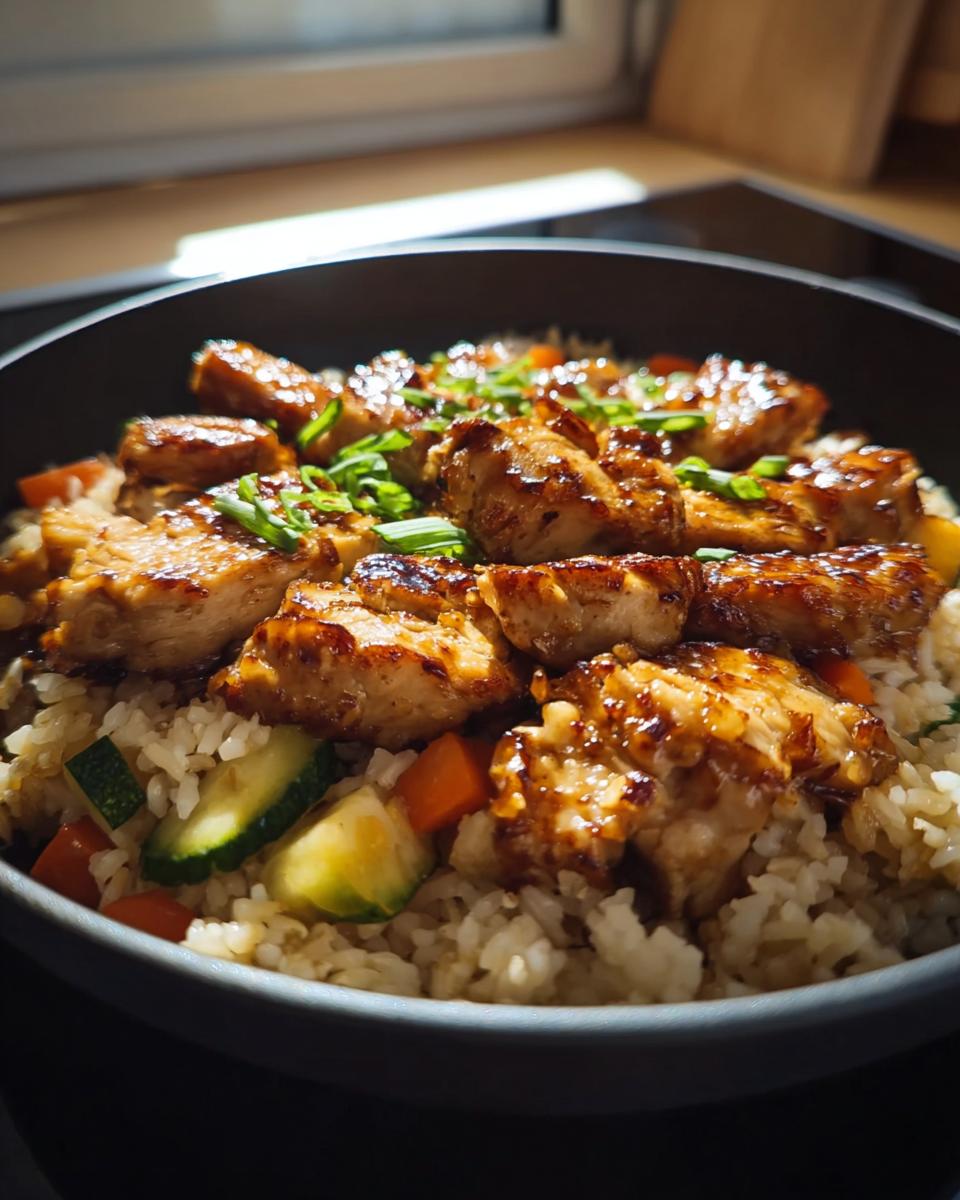 A close-up of a bowl of One-Pan Honey BBQ Chicken Rice with tender chicken pieces and mixed vegetables.